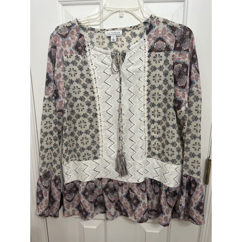 EUC LA Threads Lace Panel Top Bohemian Blouse Size Small S